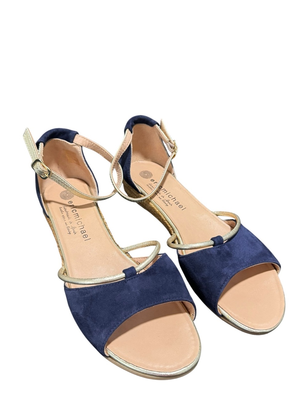 Eric Michael Navy Suede & Gold Espadrille Wedge Sandals Size 9.5 (40) Like New - Picture 11 of 11